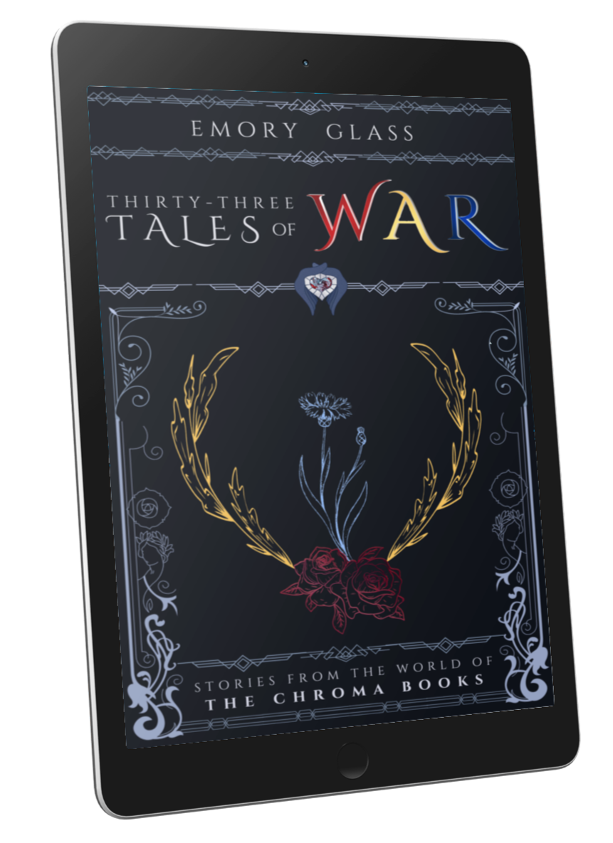 An image of the book cover for Thirty-Three Tales of War on a tablet.